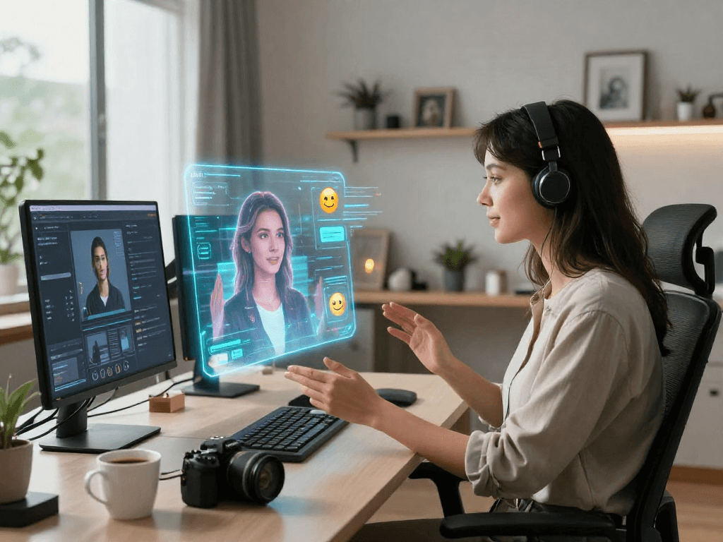 Engaging scene of a person interacting with their AI girlfriend in a futuristic home office, showcasing advanced technology and personal connection.