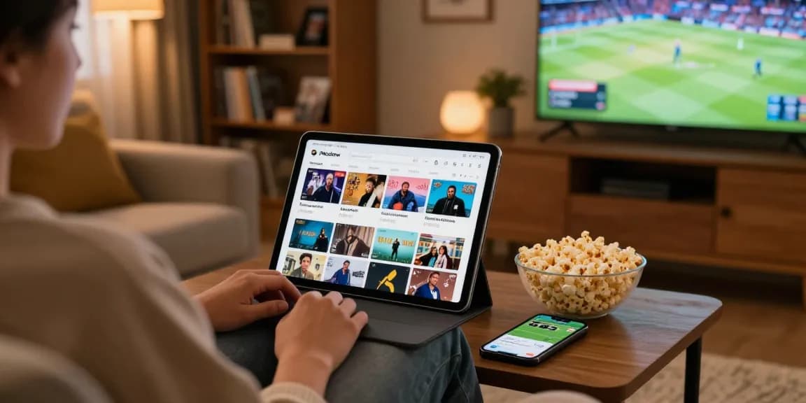 Pikashow APK download scene showing a user streaming movies and live sports in a cozy living room.