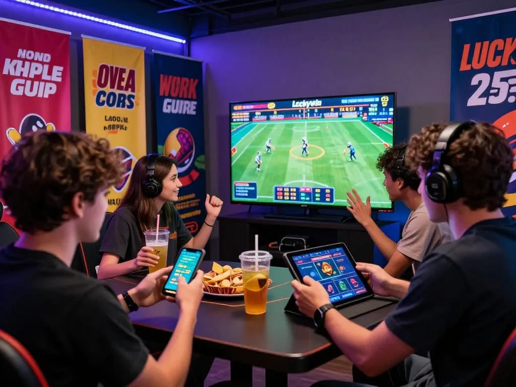 Friends enjoying a thrilling gaming experience at Luckywin, placing bets on sports and exploring casino games.