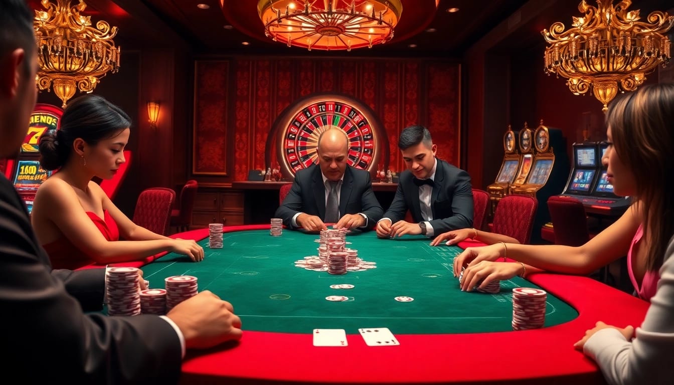Experience the excitement at 555win with a vibrant poker table scene showcasing players engaging at high stakes.