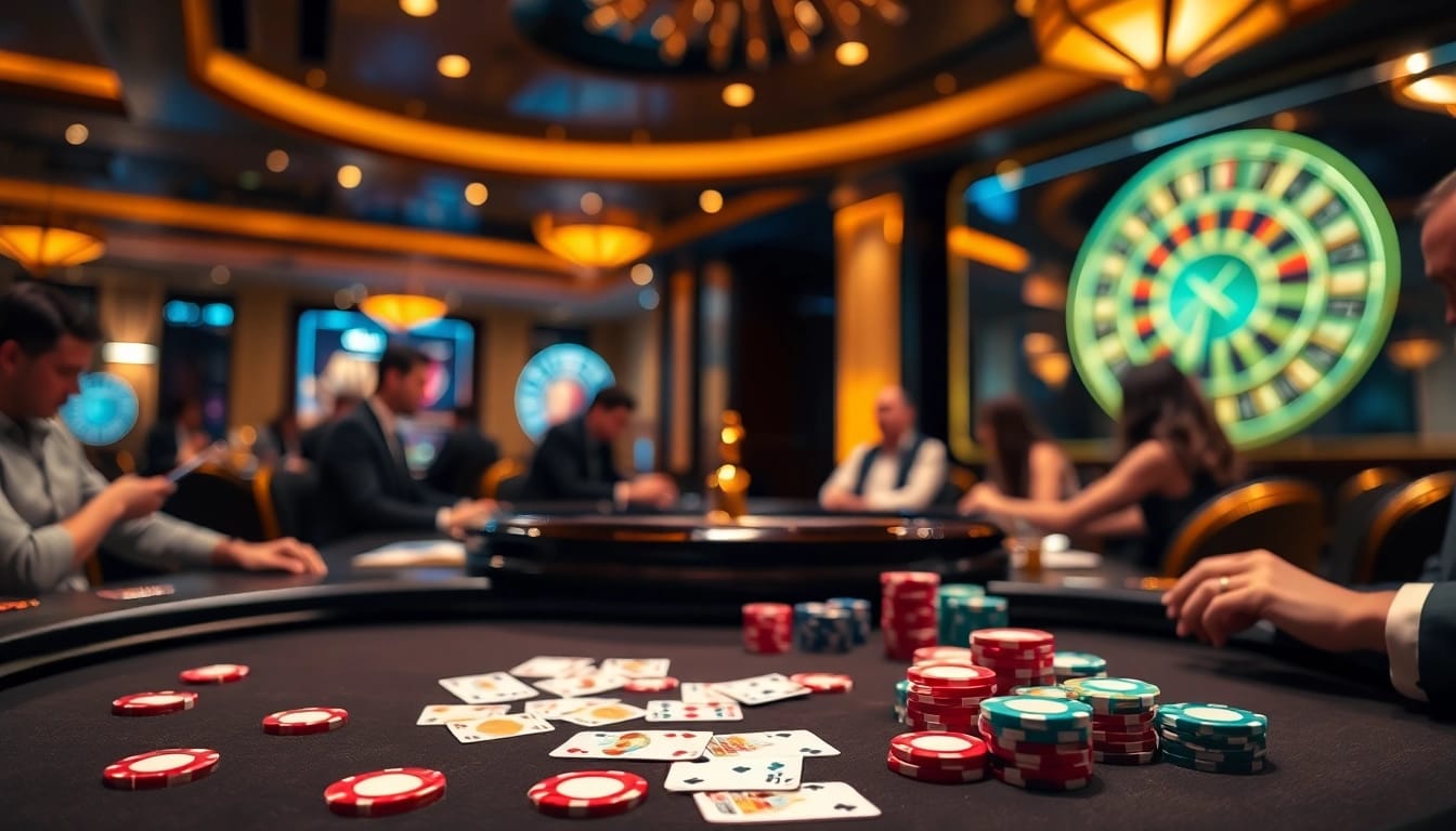 Engage in high-stakes poker at OPEN88 casino, featuring vibrant chips and cards.