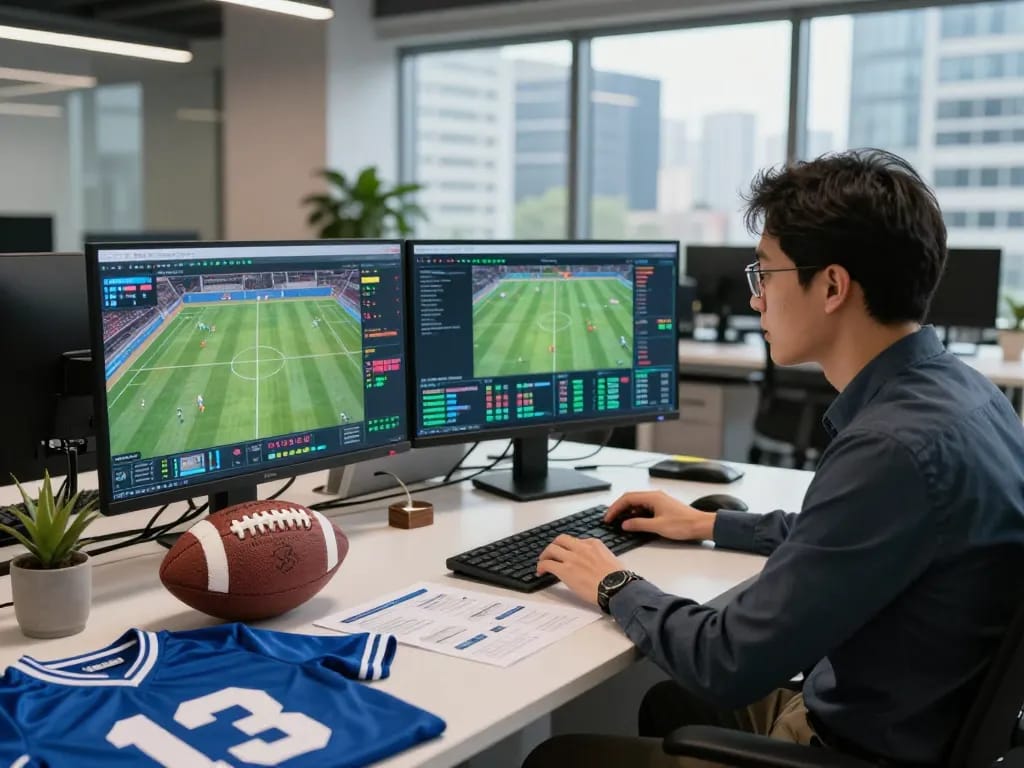 Live analysis of Bongdalu's real-time sports data in a modern office.