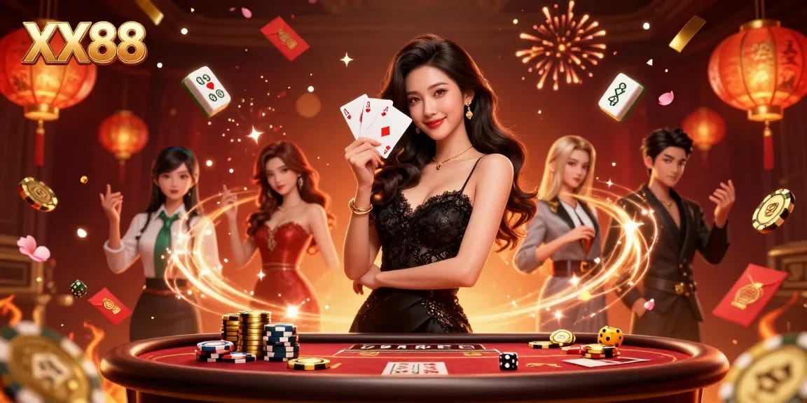 Win big at XX88 with a stylish Asian woman playing two ace cards in a luxury casino.