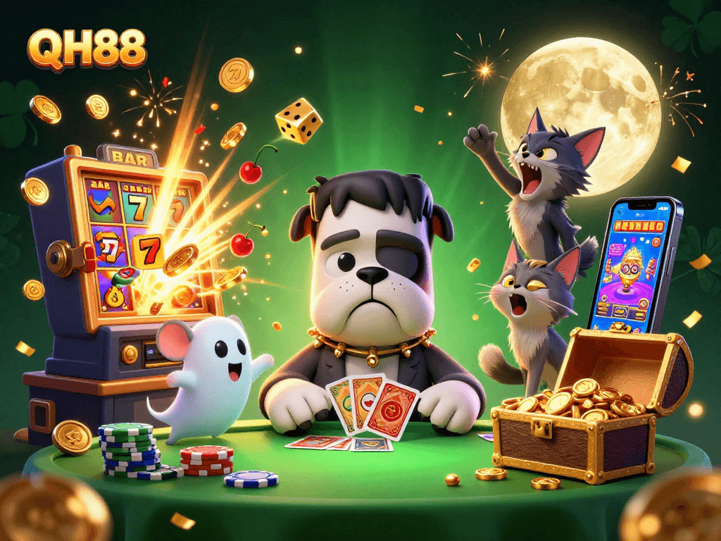 Experience QH88 with a vibrant 3D casino scene featuring a bulldog monster and jackpots.