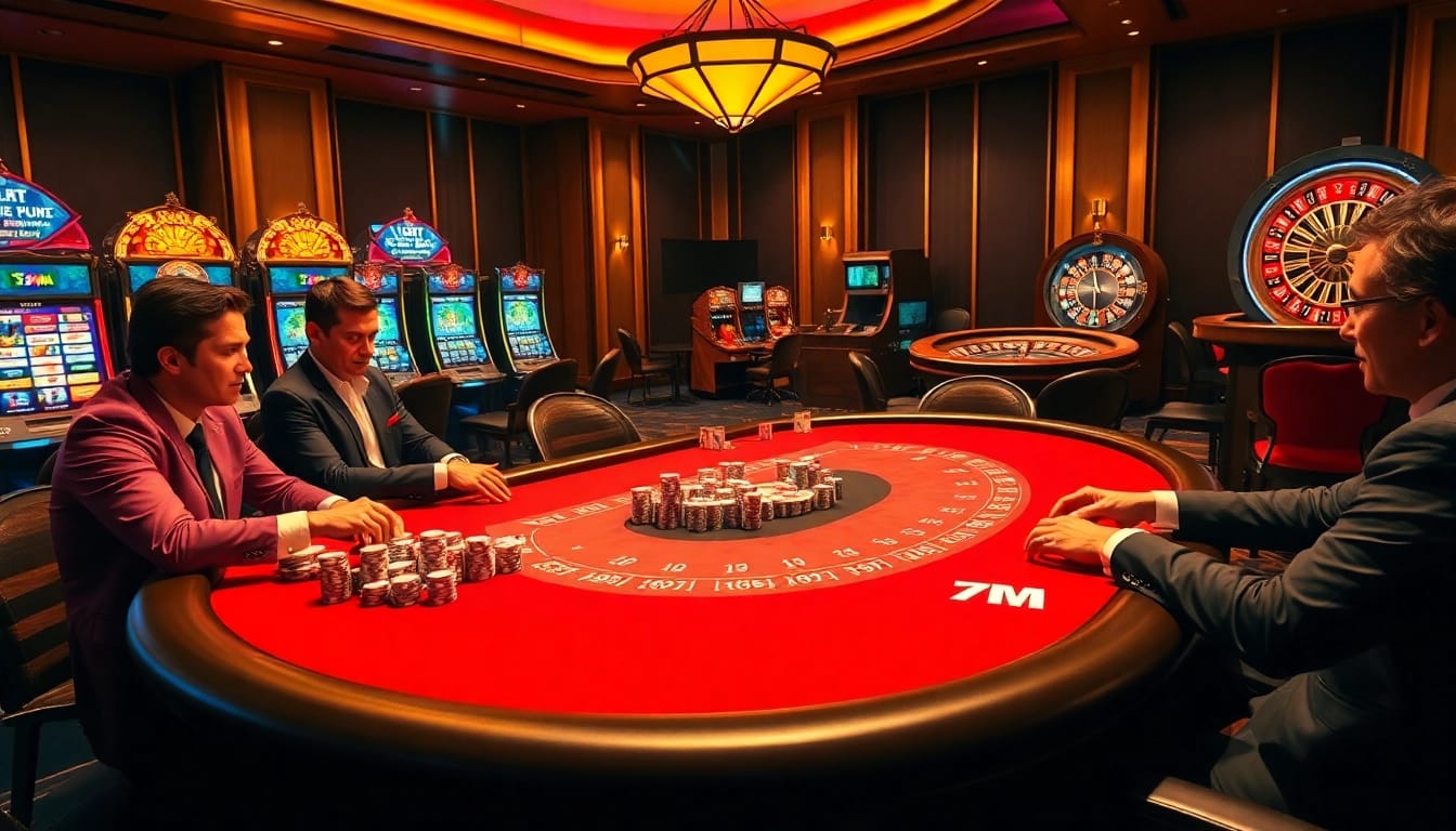 Excited gamblers at a luxurious casino poker table, showcasing a 7M thrilling experience of high-stakes gaming.