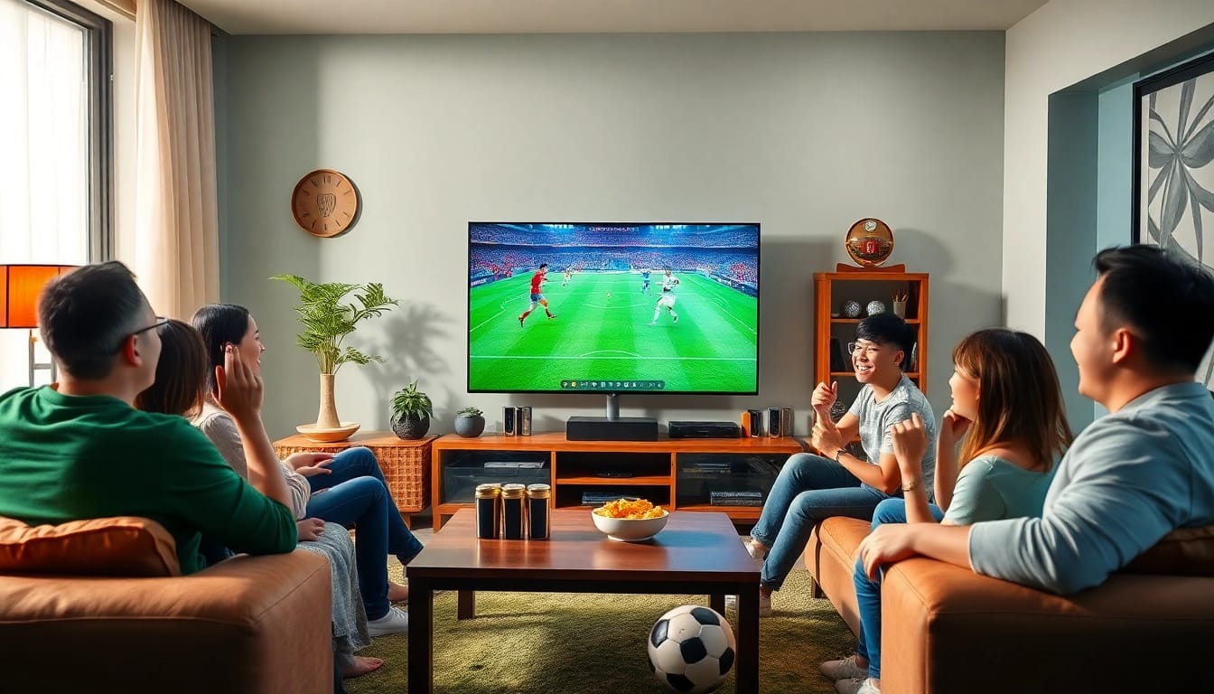 Exciting scene of friends enjoying a live football match on Lương Sơn TV in a cozy living room.