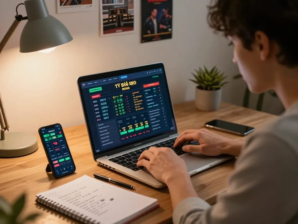 Analyzing tỷ lệ kèo nhà cái on laptop in a cozy, strategic home betting setup.