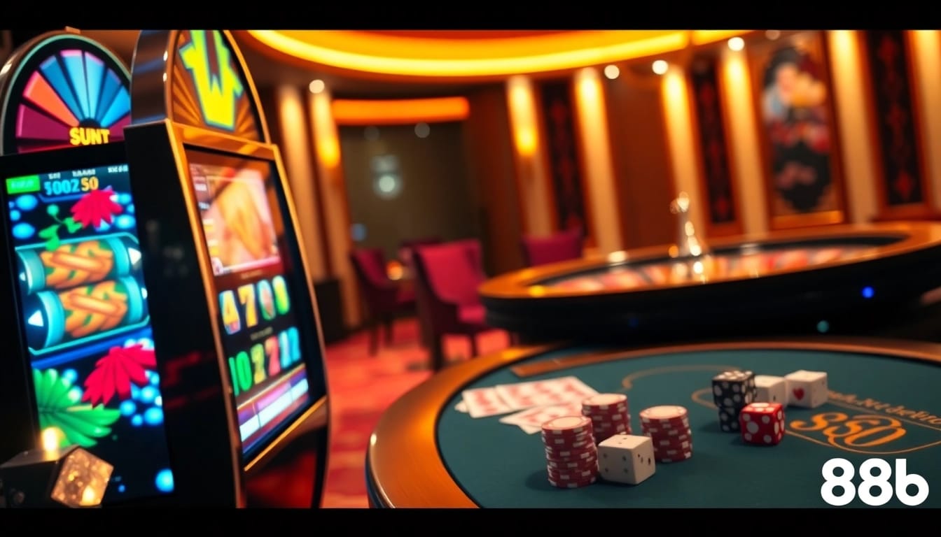 Engaging gambling scene featuring 888b's luxurious slot machines and polished poker tables.