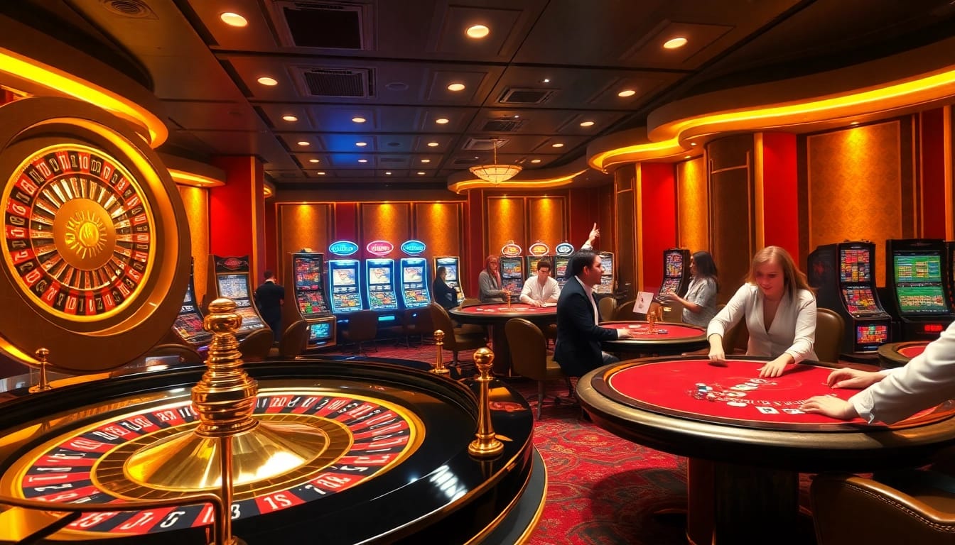 KJC online players celebrating their wins at a lavish casino table with chips and cards.