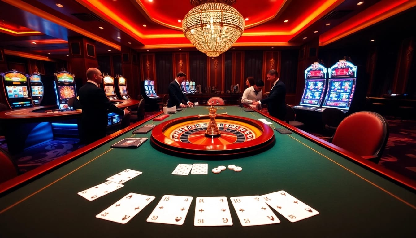 Engage with BL555's thrilling gameplay at an elegant casino table with vibrant slot machines.