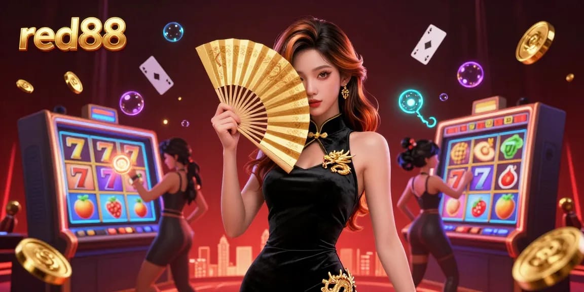 Experience exciting games at red88 casino, featuring sleek slot reels, floating cards, and captivating atmosphere.