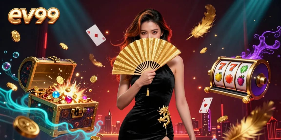 Experience the thrill of ev99 with vibrant slot reels and gold coins in an engaging casino scene.