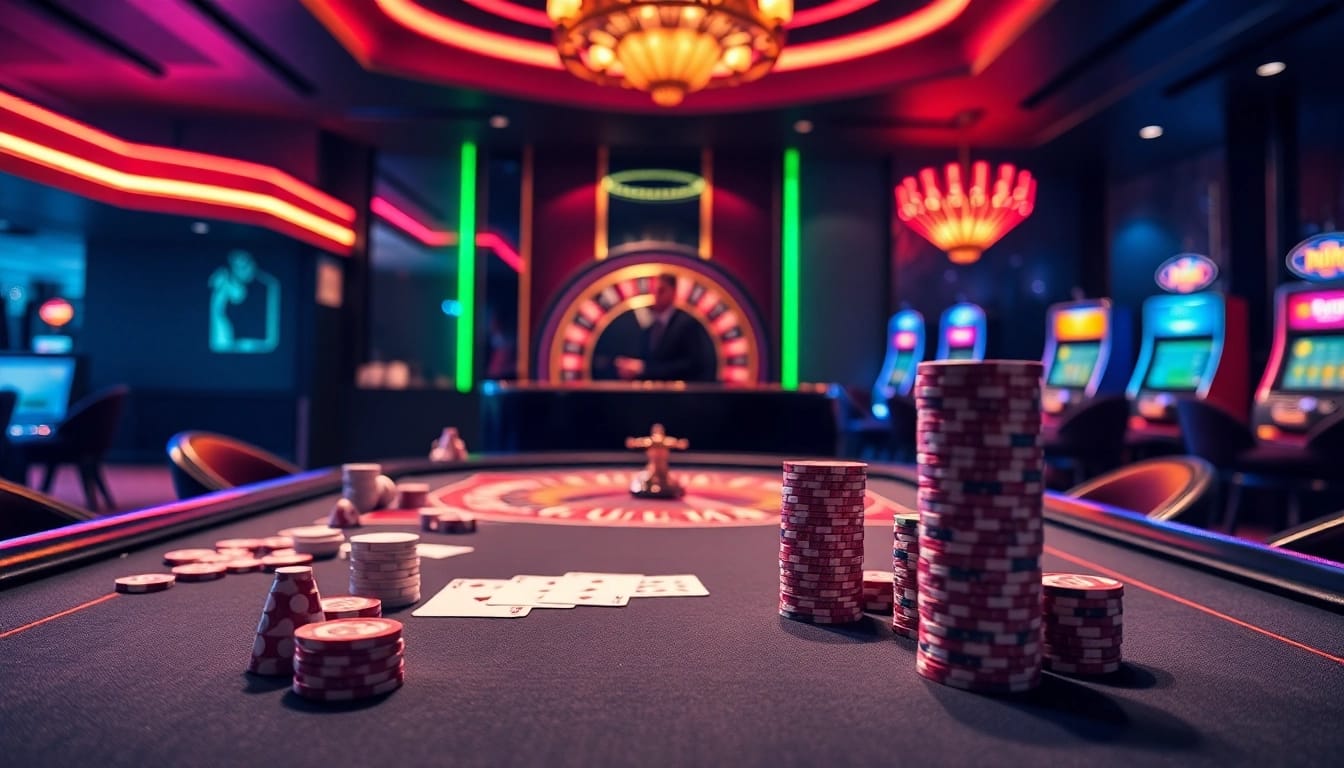 Engage in thrilling poker action at https://sunwin.builders/ with stacked chips and a dazzling casino backdrop.