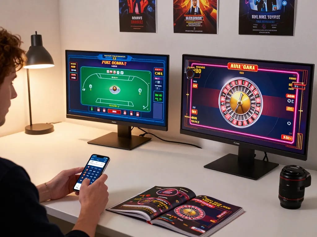 Engaging online gambling scene featuring ok365 poker game interface on multiple screens in a stylish workspace.