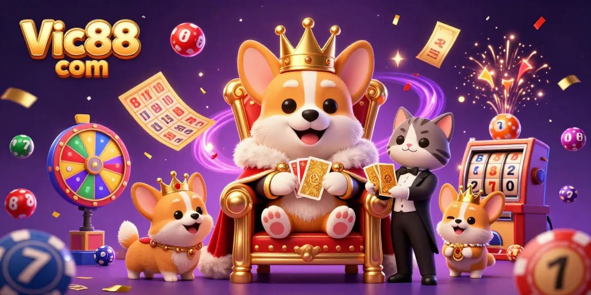 Experience excitement with Vic88 com's vibrant 3D casino scene featuring regal characters and thrilling game elements.