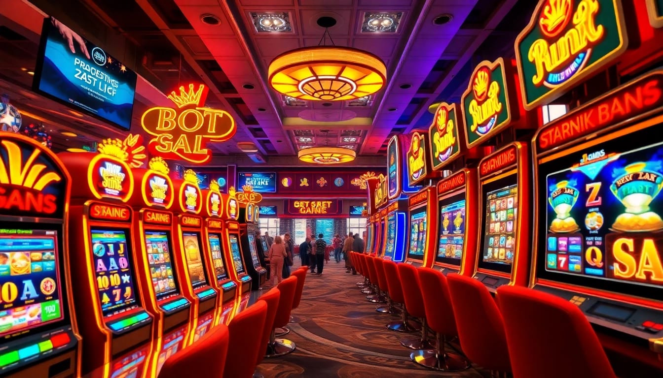 Vibrant slot dana casino scene with colorful machines and joyful players, showcasing energy and excitement.