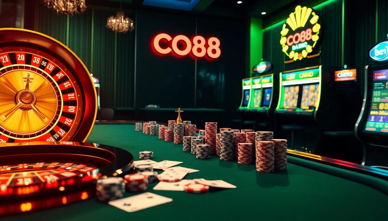 Experience the excitement of gaming at CO88 with vibrant casino elements and a luxurious atmosphere.