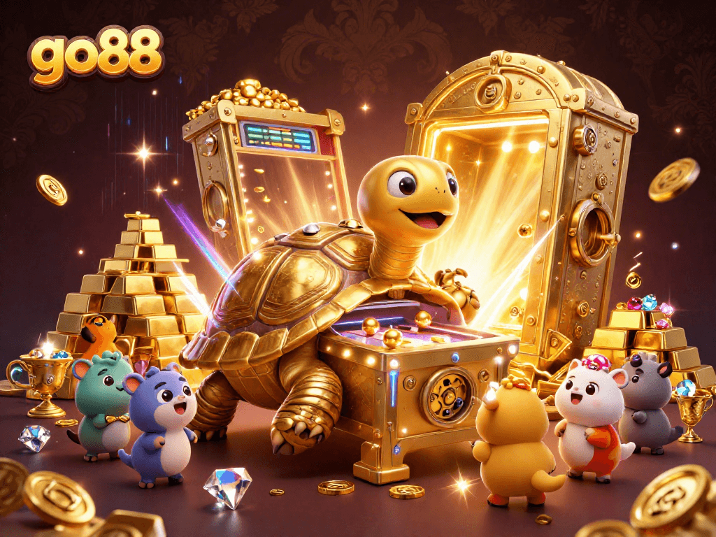 Experience the excitement at go88 with a vibrant scene of a colossal golden tortoise pinball machine.