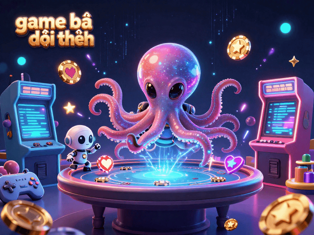 Engage in game bài đổi thưởng with a cosmic octopus and a robot at a vibrant poker table.
