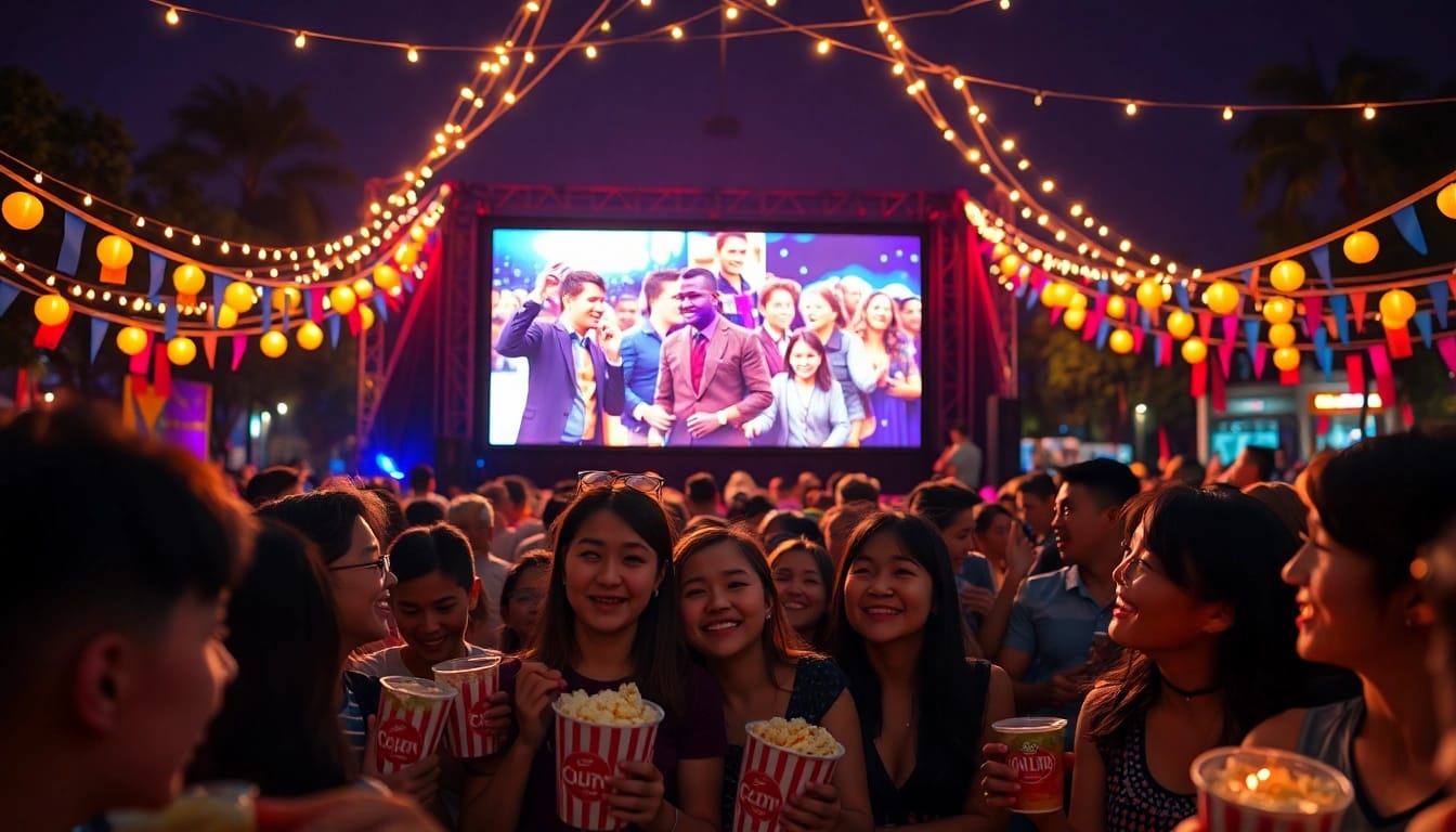 Nangcuc film festival scene showcasing cinema enthusiasts enjoying an outdoor movie.
