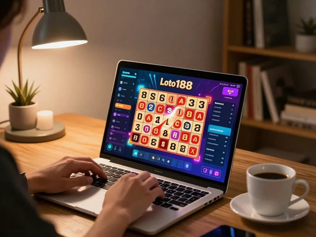 Person engaged in loto188 online lottery gameplay with laptop and cozy decor