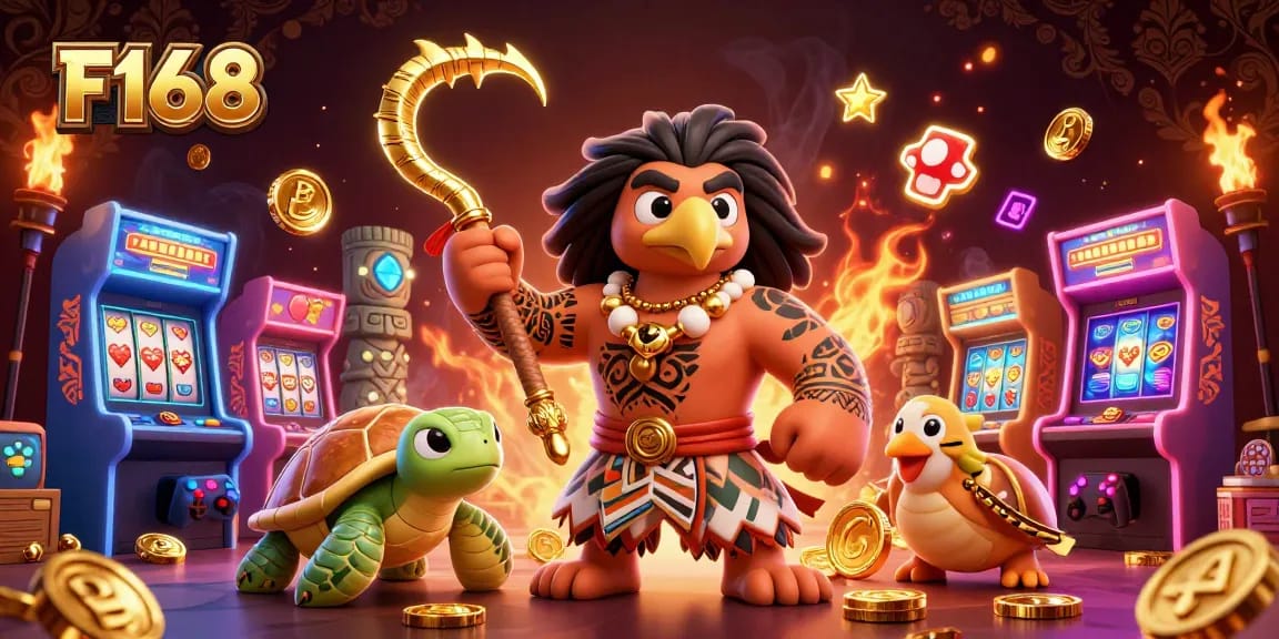 Experience thrilling gaming at F168 with colorful arcade machines and captivating characters.