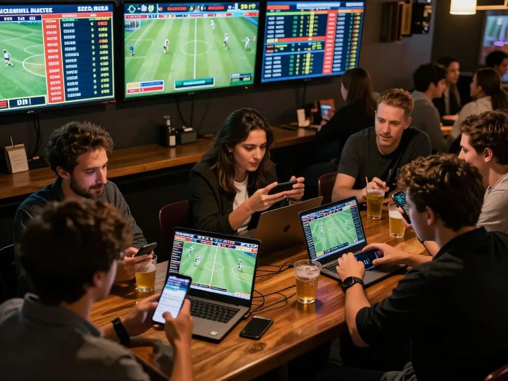 Sports betting session with Bongdalu highlighted, showcasing bettors analyzing odds on multiple screens in a lively bar.