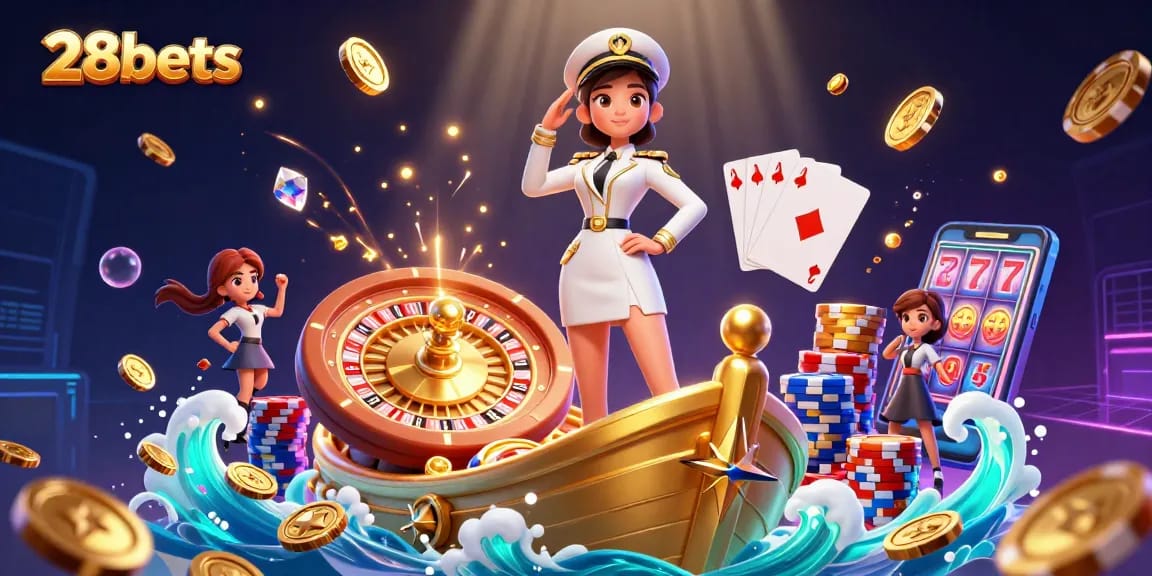 Engage with 28bets casino experience featuring vibrant Asian woman, golden ship, and dynamic gaming elements.