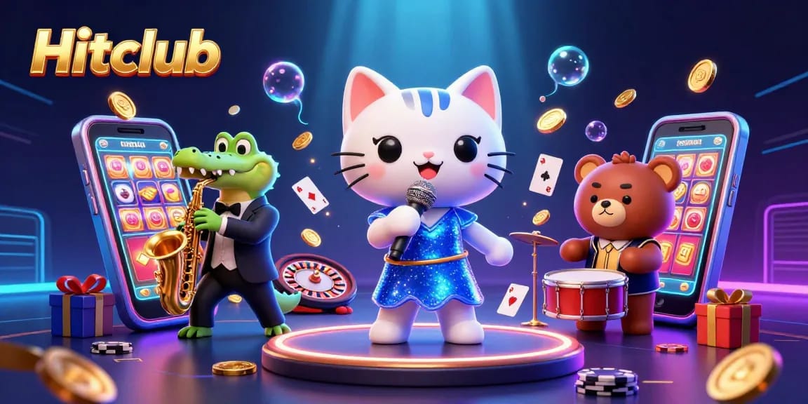 Hitclub captivates gamers with vibrant slot games featured in a lively casino scene.