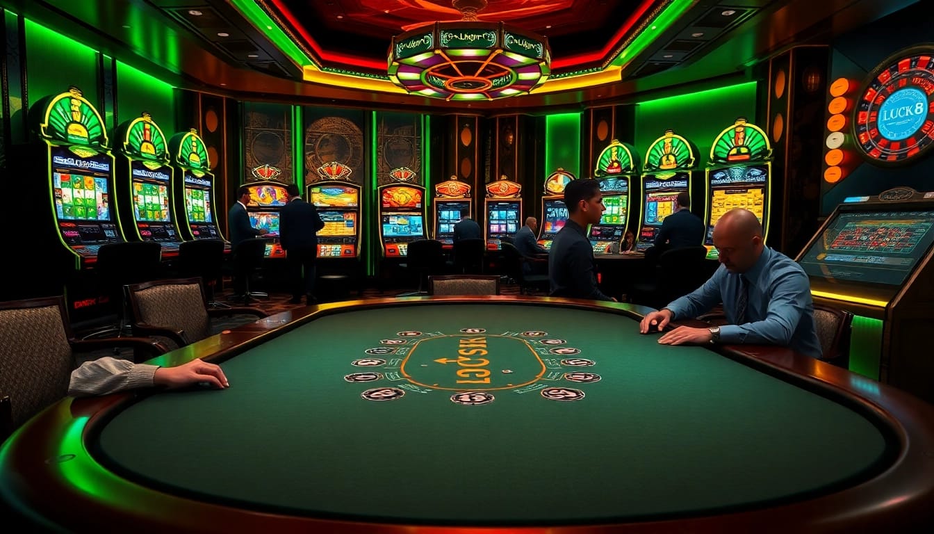 Experience the thrill of LUCK8 with luxurious poker tables and vibrant slot machines.