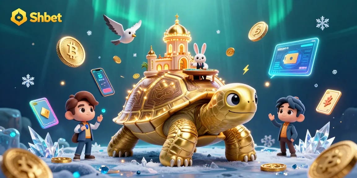 Experience exhilarating gaming at Shbet with this dynamic 3D casino illustration featuring a golden tortoise and rabbit dealer.