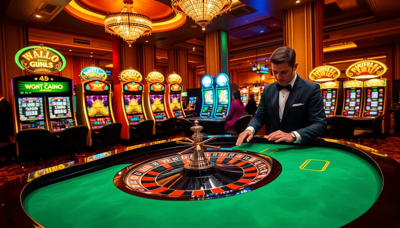 Experience the excitement of bomwin at a vibrant casino roulette table with elegant players and lights.