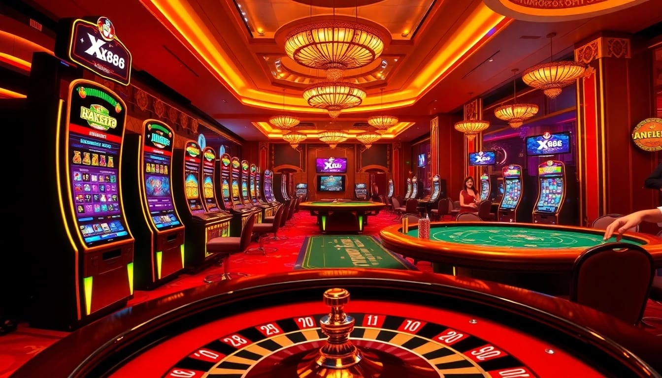 Play thrilling games at XX88's modern casino interface featuring vibrant slots and engaging poker tables.
