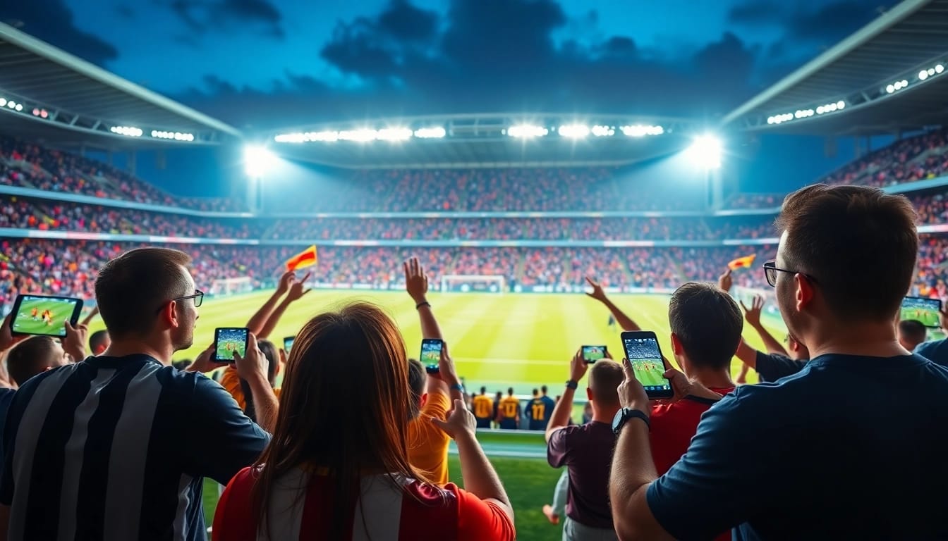 Socolive fans enjoying live football matches across devices in a vibrant setting.