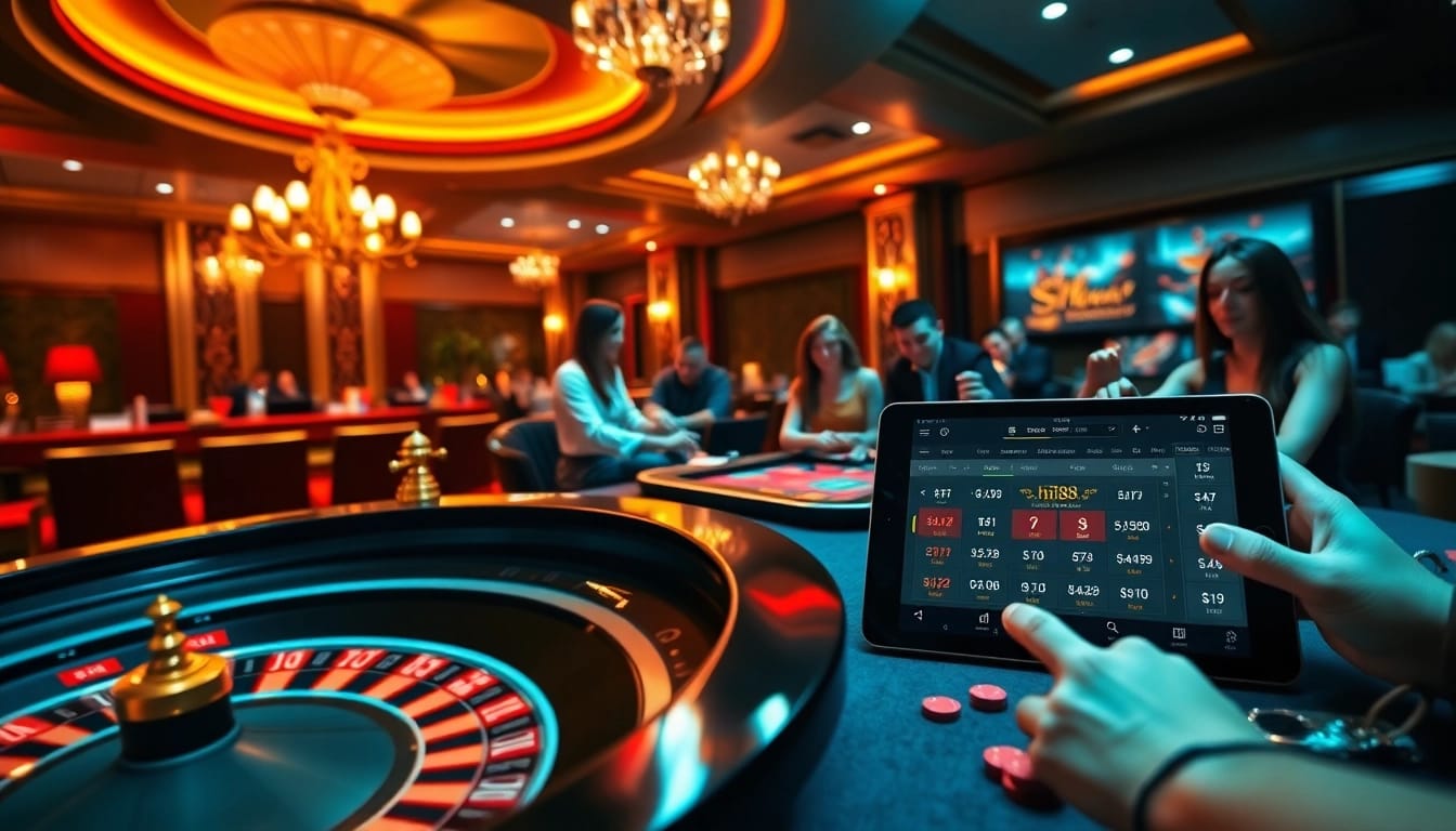 Hi88 players enjoying an exciting casino atmosphere with roulette and poker tables.