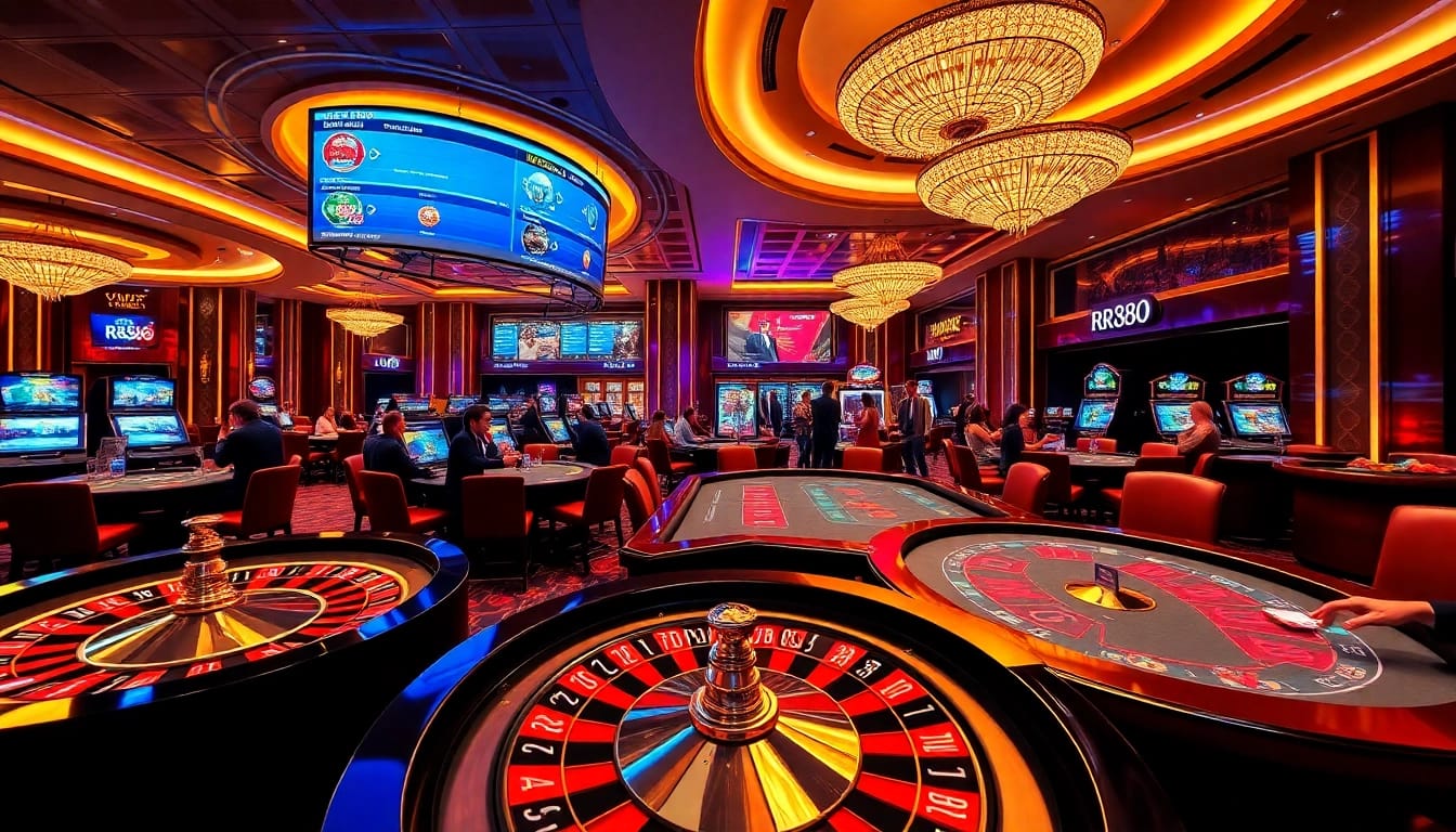 Experience the excitement of RR88 game with players at a vibrant casino table filled with colorful chips and cards.