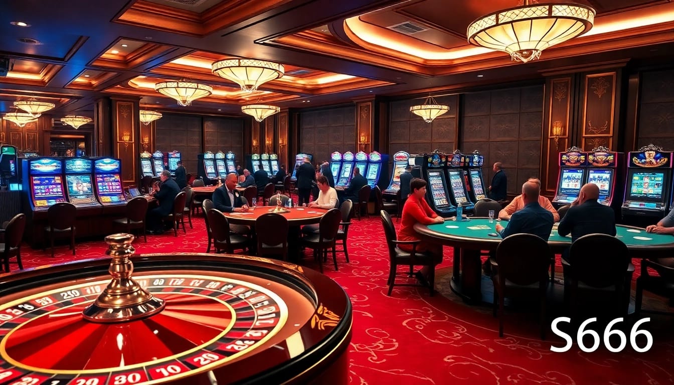 Crowd enjoying high-stakes poker games at S666 casino with luxurious decor and vibrant atmosphere.