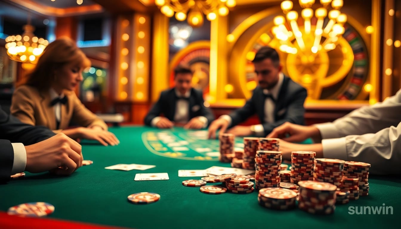 High-stakes poker action with sunwin chips and casino ambiance.