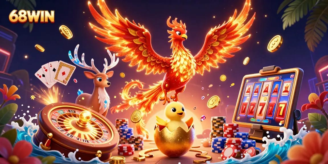 Experience the thrills at 68WIN, where gold coins and neon lights bring the casino to life.