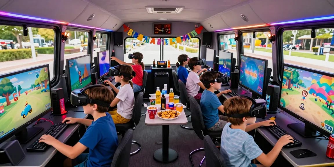 Gaming Bus Colchester: Children enjoying gaming on a party bus filled with excitement and VR.