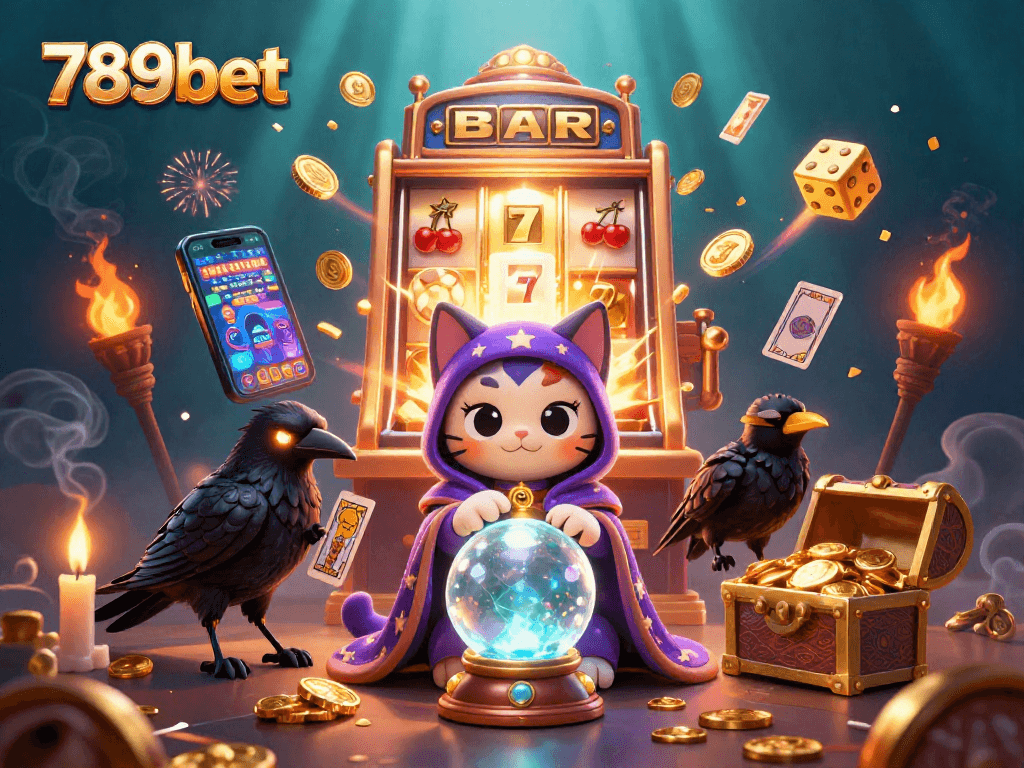 Explore 789bet's vibrant gaming experience with a mystical cat, raven, and lively casino elements.
