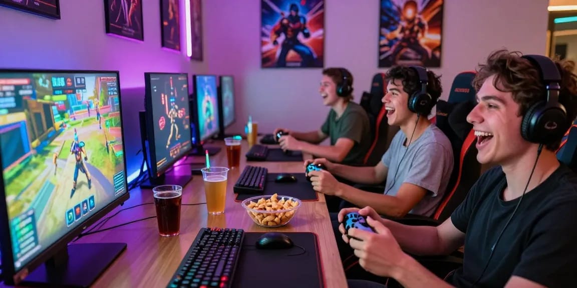 Group of friends enjoying game sex in a vibrant gaming lounge with colorful LED lights.