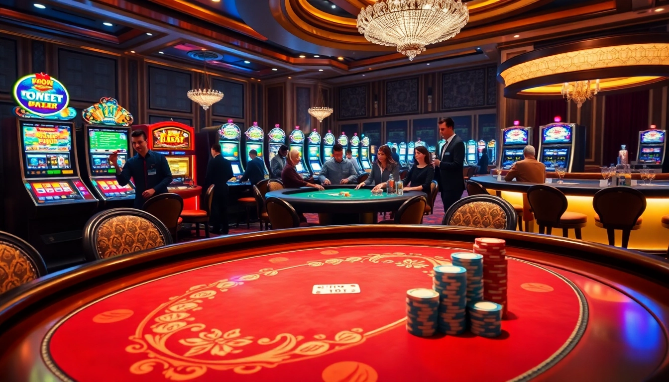 Play at a luxurious casino showcasing no hu in an elegant poker game atmosphere with vibrant slot machines.