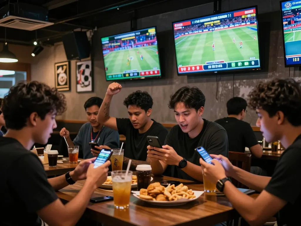 Excited friends placing live bets on บอล ออนไลน์ in energetic sports bar atmosphere.