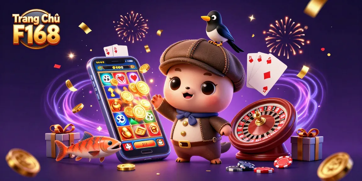 Experience thrilling entertainment at Trang Chủ F168 with engaging 3D casino-themed illustration featuring vibrant characters and gaming elements.