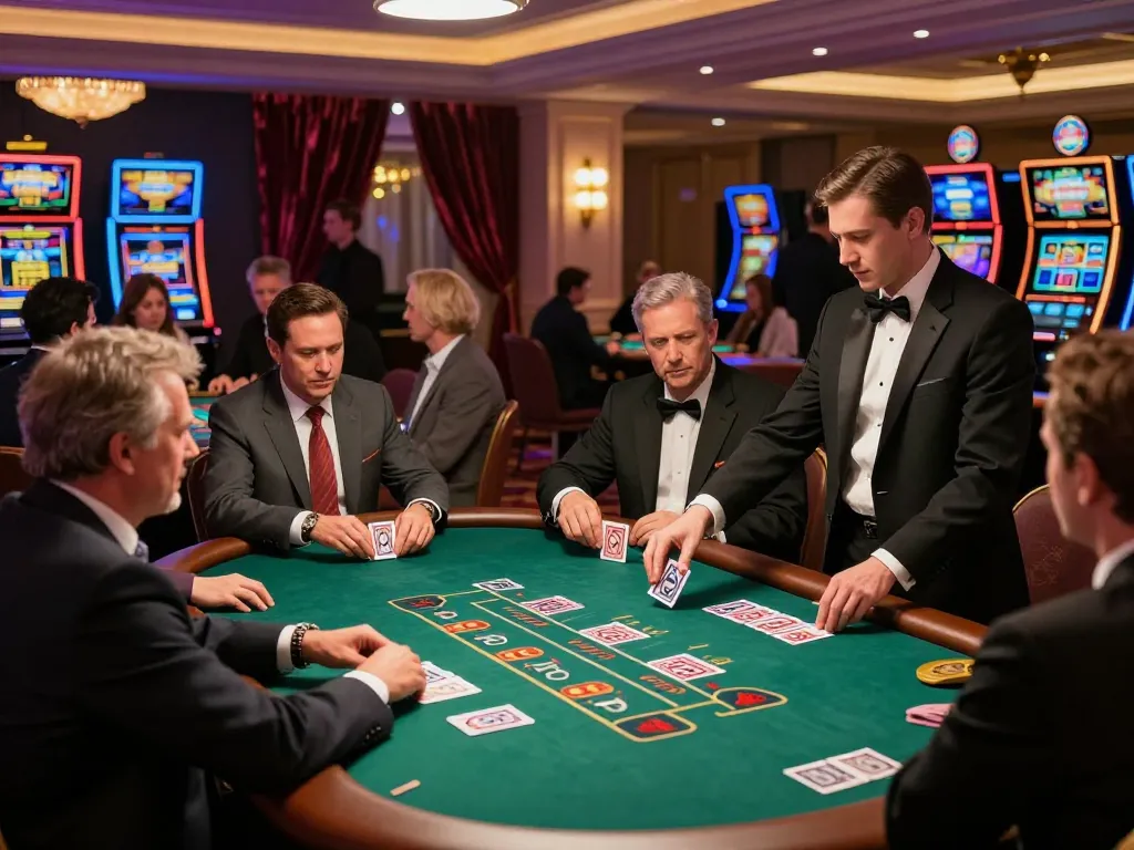 Players engaged at a blackjack table in a luxurious casino, highlighting mb66 gaming strategy moments.
