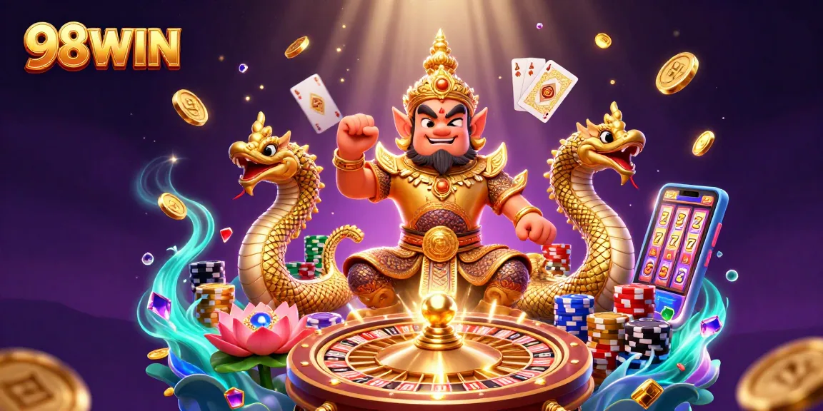 Win exciting games at 98WIN with stunning visuals of a captivating Thai guardian and lavish casino elements.