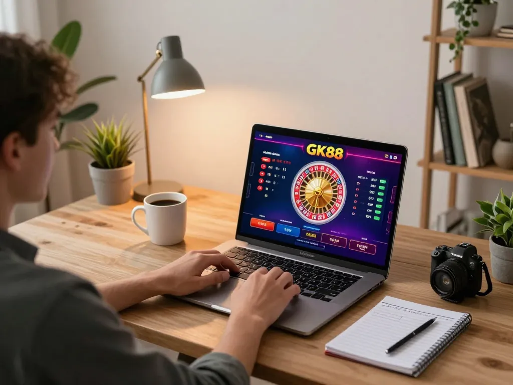 Person using GK88 online casino on laptop while tracking bets in strategic notebook