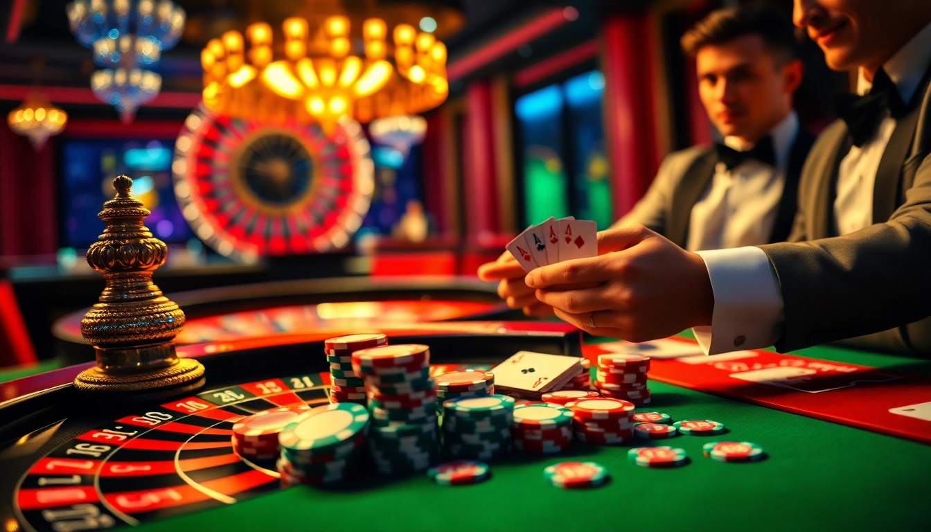 Experience the excitement of gambling at https://98wincom.blog/ with a vibrant casino scene filled with roulette, cards, and chips.