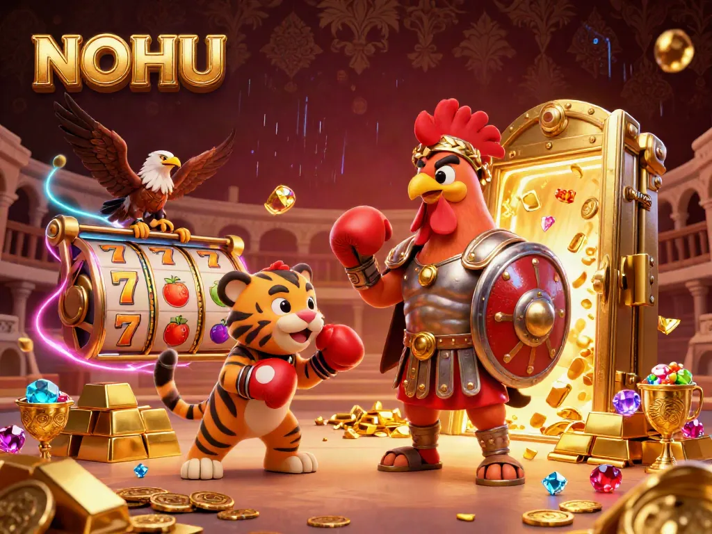 Engage in NOHU slots with captivating characters in a vibrant casino-themed illustration.